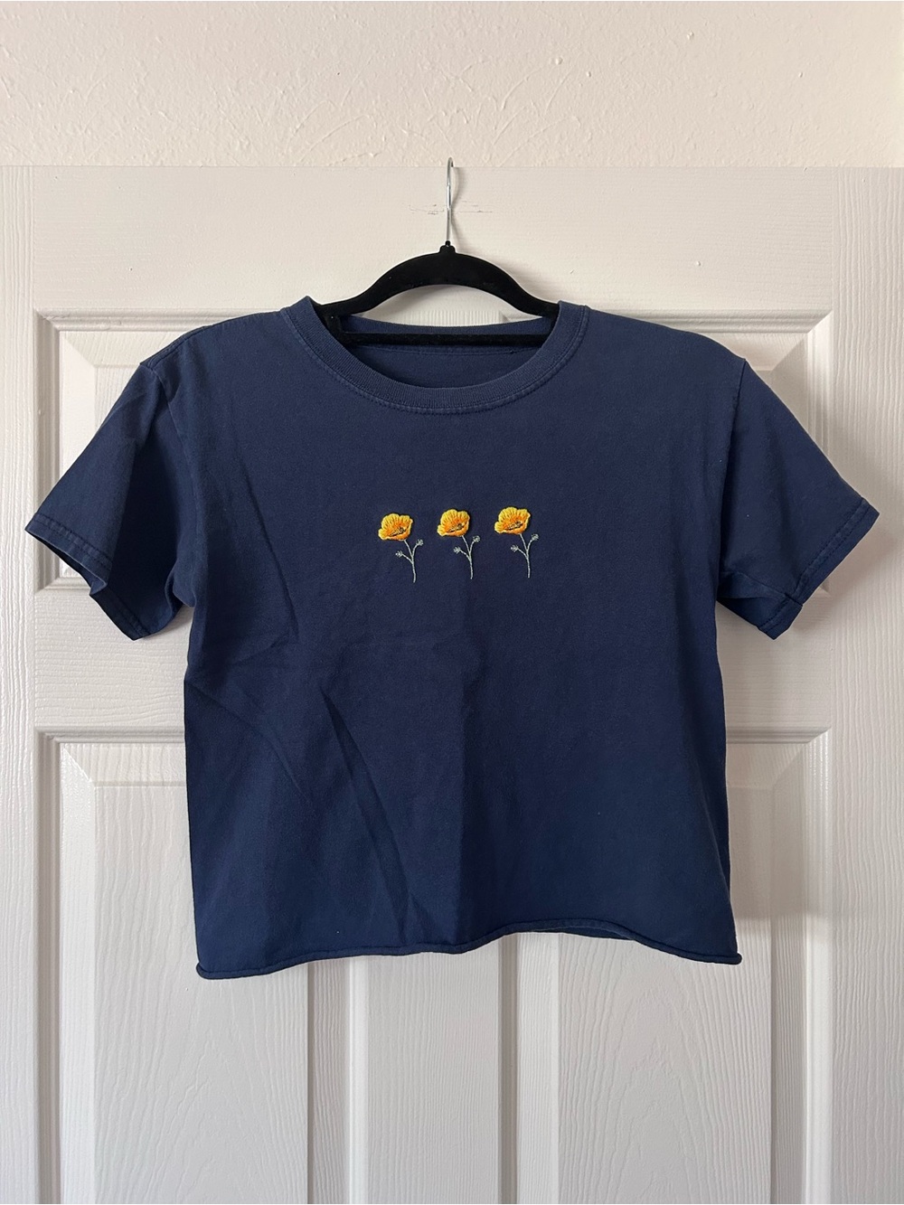 Brandy Melville Navy Blue Tee with Yellow Floral Embroidery